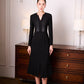 Black Gabardine A-Line Midi Dress with Embellished Neckline