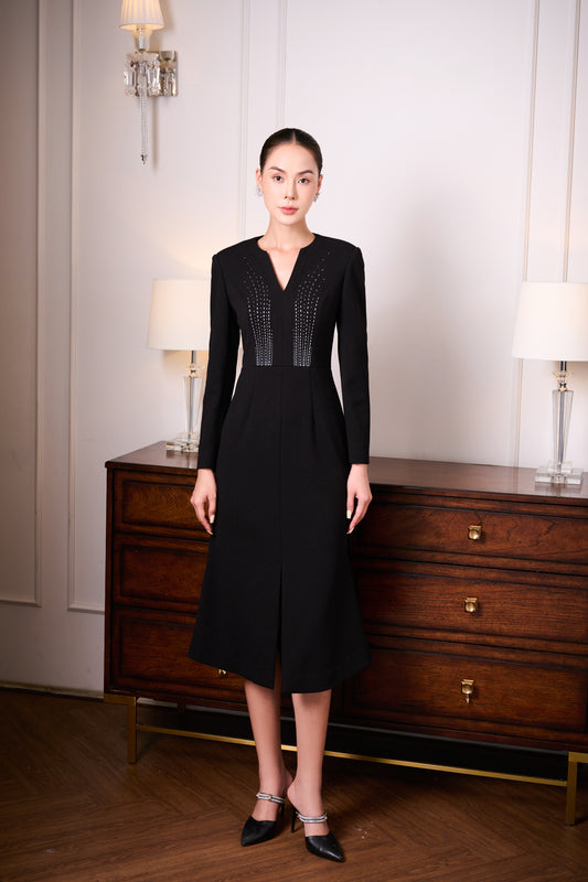 Black Gabardine A-Line Midi Dress with Embellished Neckline