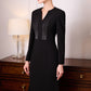 Black Gabardine A-Line Midi Dress with Embellished Neckline