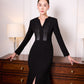 Black Gabardine A-Line Midi Dress with Embellished Neckline