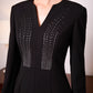 Black Gabardine A-Line Midi Dress with Embellished Neckline