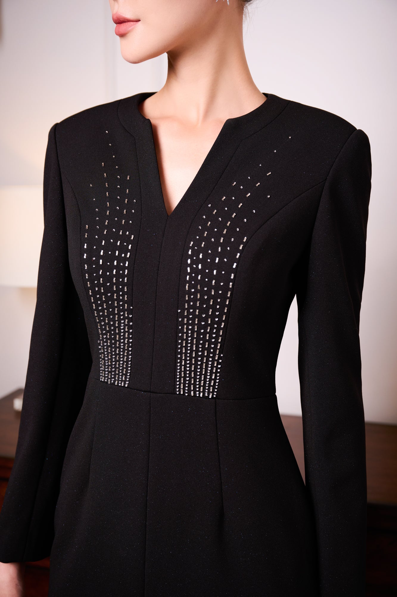 Black Gabardine A-Line Midi Dress with Embellished Neckline