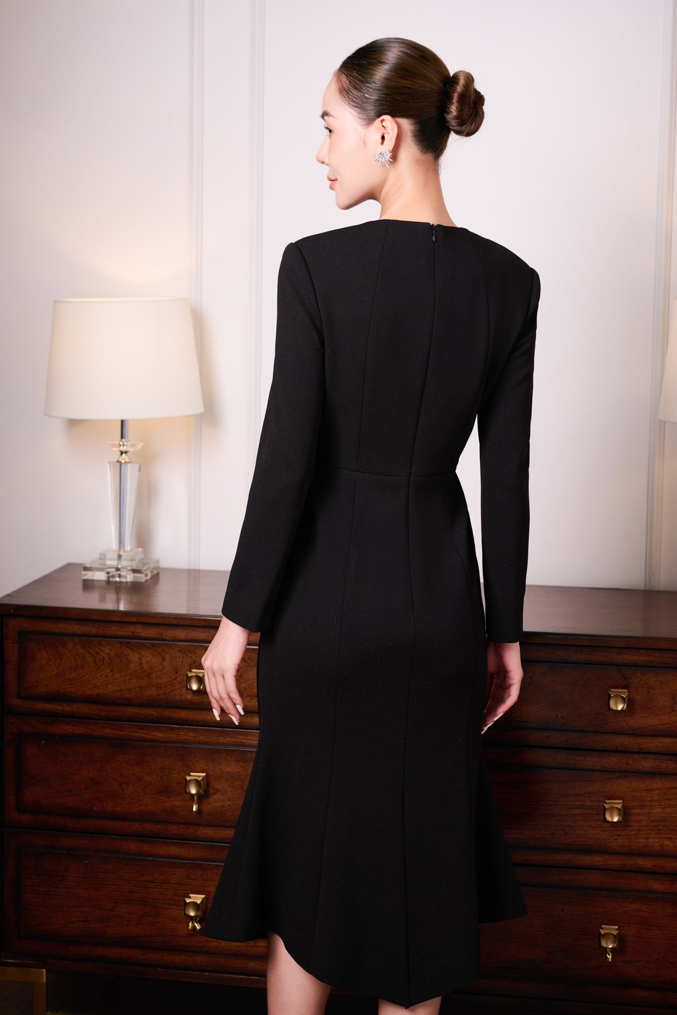 Black Gabardine A-Line Midi Dress with Embellished Neckline