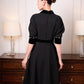 Gabardine & Velvet Black Midi Dress with Puff Sleeves and Zipper Front