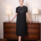 Black Gabardine Dress with Silk Floral Applique