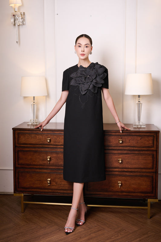 Black Gabardine Dress with Silk Floral Applique