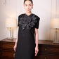 Black Gabardine Dress with Silk Floral Applique