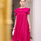 Fuchsia Pleated A-Line Midi Dress with Cape Sleeves