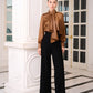 Satin Bronze High-Neck Blouse with Draped Front and Black Wide-Leg Pants
