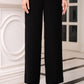 Satin Bronze High-Neck Blouse with Draped Front and Black Wide-Leg Pants