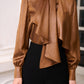 Satin Bronze High-Neck Blouse with Draped Front and Black Wide-Leg Pants