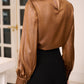 Satin Bronze High-Neck Blouse with Draped Front and Black Wide-Leg Pants