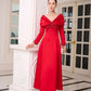 Red Satin Evening Gown with Embellished V-Neck and Long Sleeves