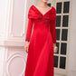 Red Satin Evening Gown with Embellished V-Neck and Long Sleeves