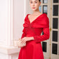 Red Satin Evening Gown with Embellished V-Neck and Long Sleeves