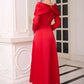 Red Satin Evening Gown with Embellished V-Neck and Long Sleeves