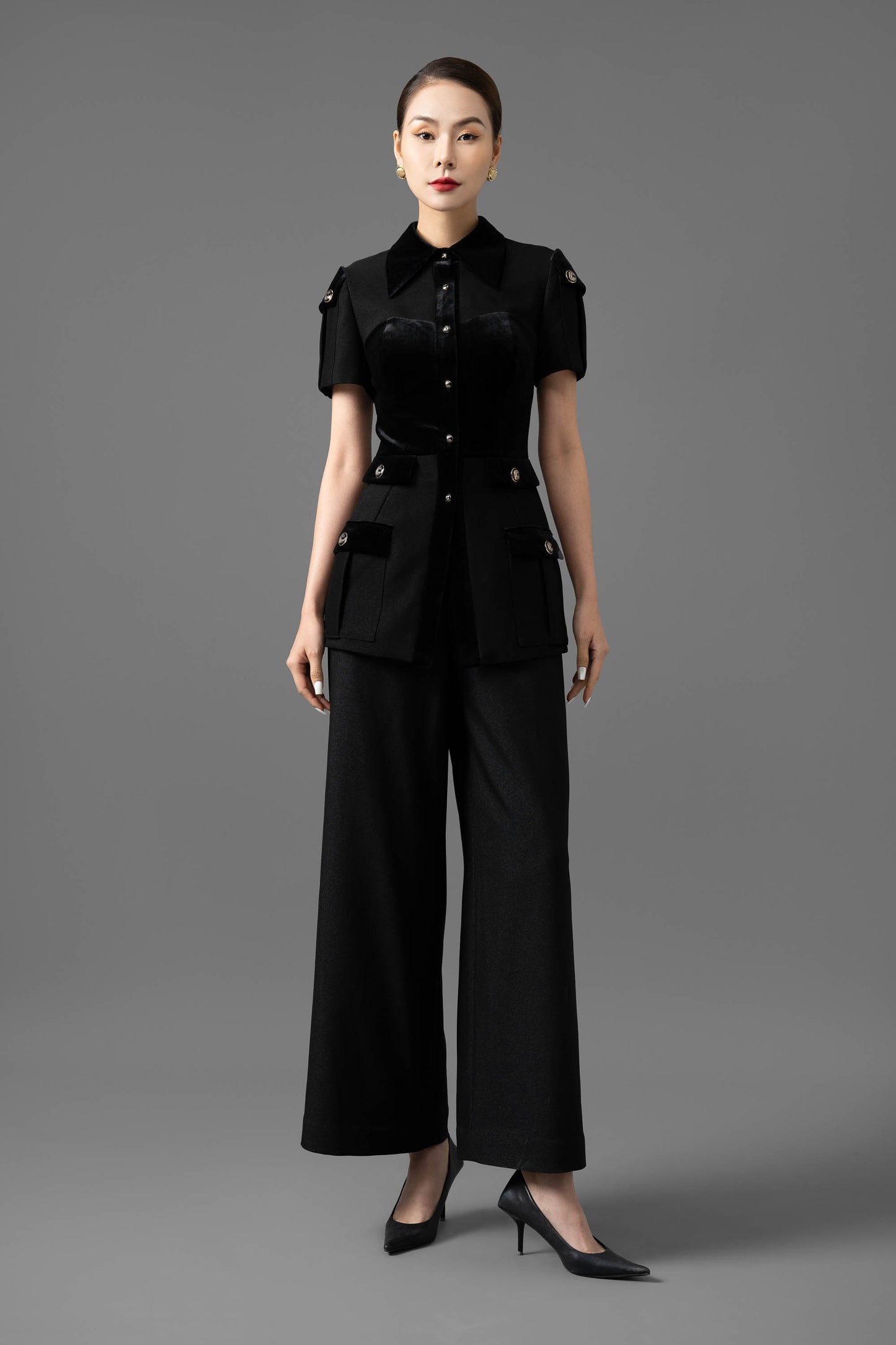 Gabardine and Velvet Utility Jacket and Wide-Leg Pants Set