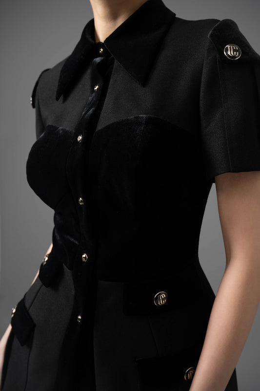 Gabardine and Velvet Utility Jacket and Wide-Leg Pants Set