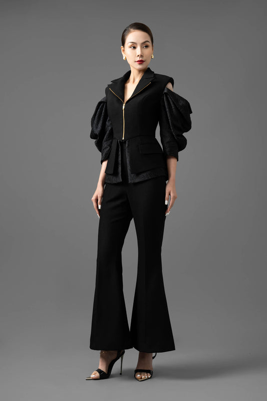 Jacquard Gabardine Puff-Sleeve Blazer and Flared Pants Set