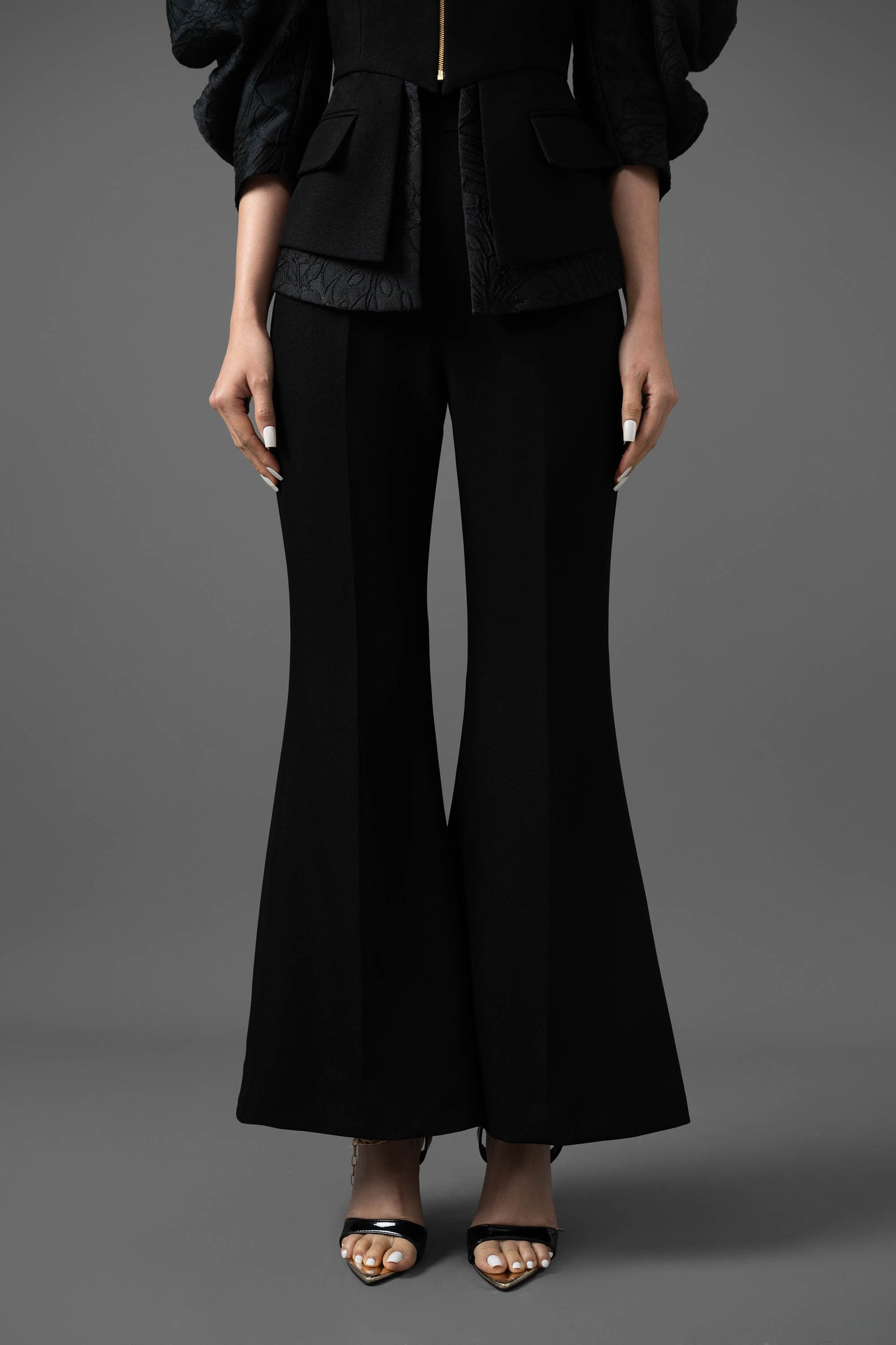 Jacquard Gabardine Puff-Sleeve Blazer and Flared Pants Set