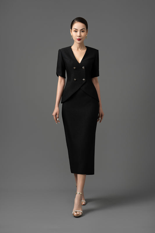 Gabardine Double-Breasted Blazer and Pencil Skirt Set