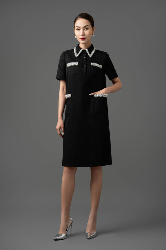 Gabardine Embellished Collar Shift Dress