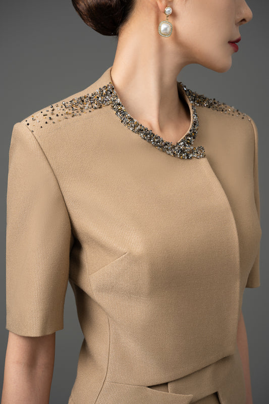 Gabardine Beige Peplum Blazer and Pencil Skirt Set