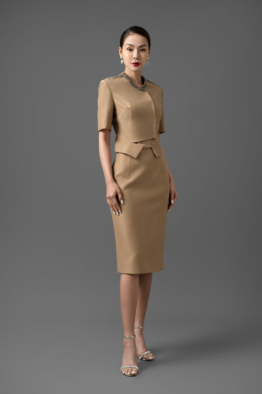 Gabardine Beige Peplum Blazer and Pencil Skirt Set