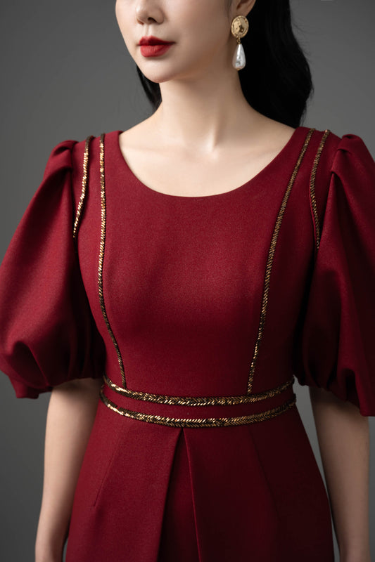 Gabardine Puff-Sleeve Midi Dress