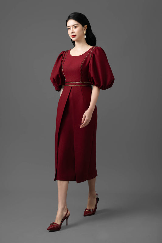 Gabardine Puff-Sleeve Midi Dress