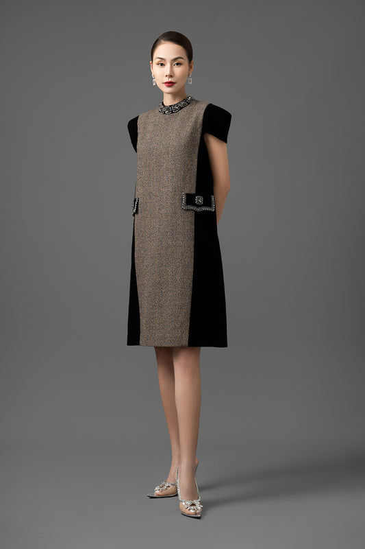 Tweed and Velvet Embellished Shift Dress