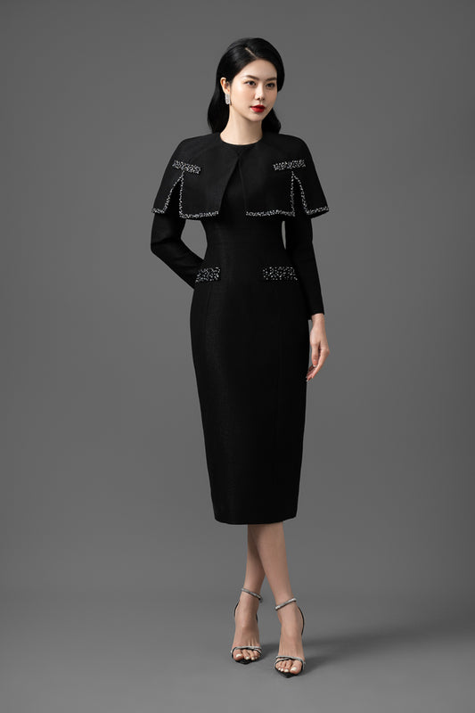 Synthetic Cotton Long-Sleeve Dress with Short Coat Set