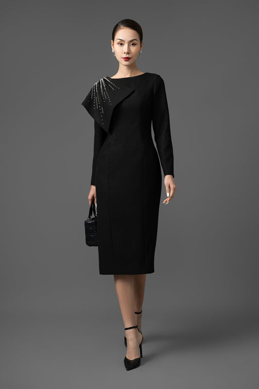 Gabardine Asymmetrical Embellished Midi Dress