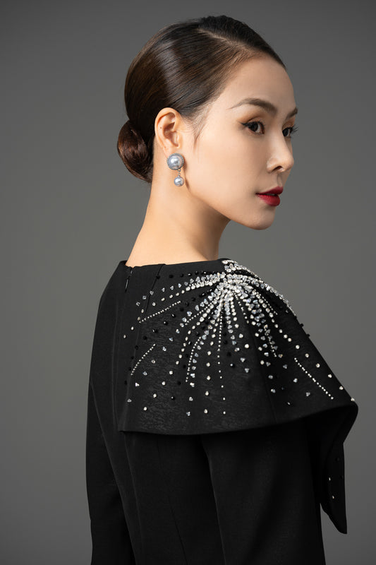 Gabardine Asymmetrical Embellished Midi Dress