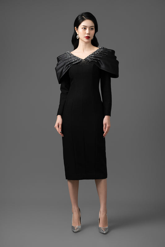Satin Taffeta Embellished Off-Shoulder Midi Dress
