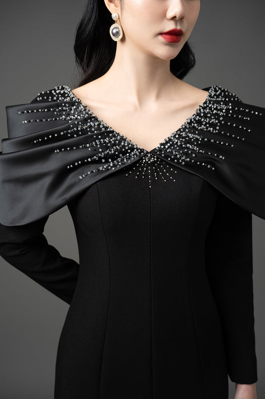 Satin Taffeta Embellished Off-Shoulder Midi Dress