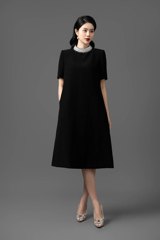 Gabardine Pearl-Embellished Collar Shift Dress