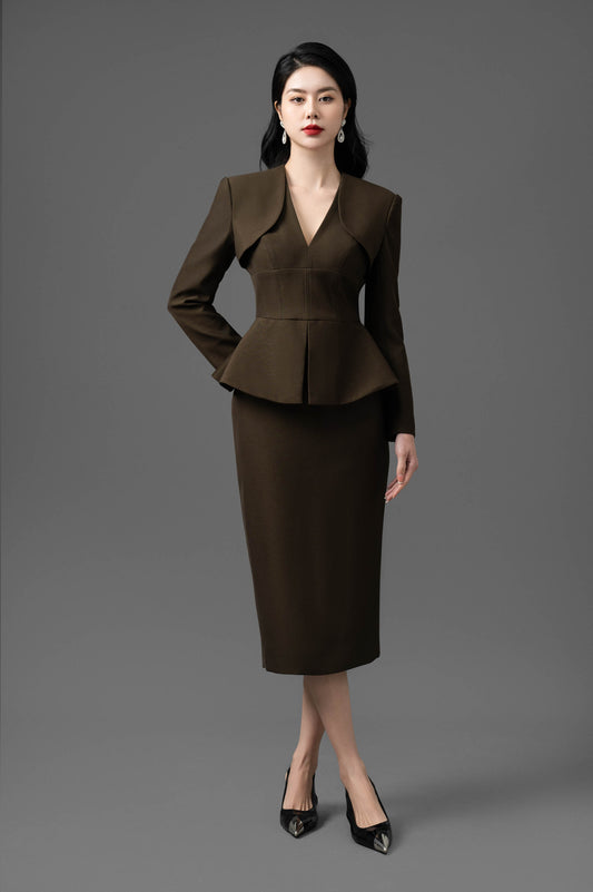 Olive Green Peplum Pencil Dress Set