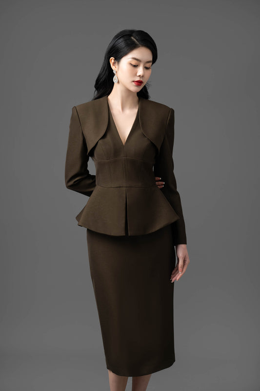 Olive Green Peplum Pencil Dress Set