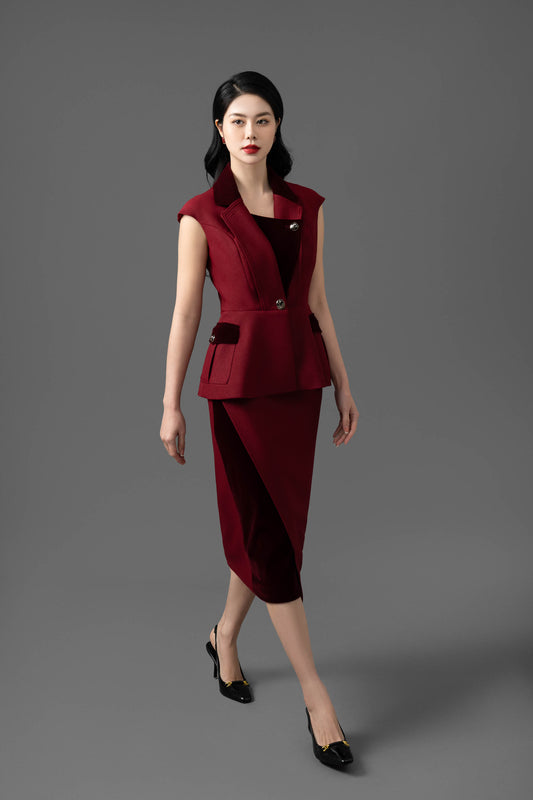 Gabardine and Velvet Sleeveless Blazer and Pencil Skirt Set