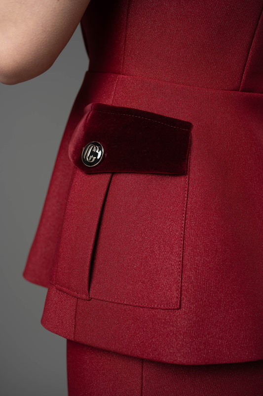 Gabardine and Velvet Sleeveless Blazer and Pencil Skirt Set