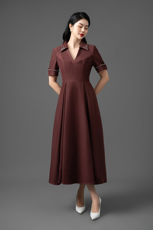 Gabardine A-Line Midi Dress with Embroidered Collar