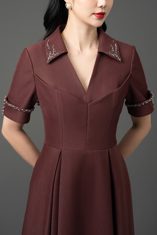 Gabardine A-Line Midi Dress with Embroidered Collar