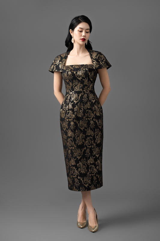 Brocade Midi Dress with Cap Sleeves