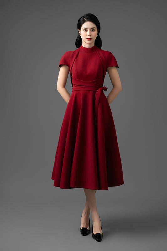 Woven Foam Cotton Fit-and-Flare Midi Dress