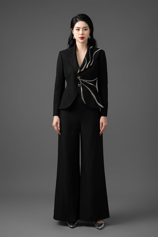 Gabardine Embroidered Blazer and Wide-Leg Pants Set