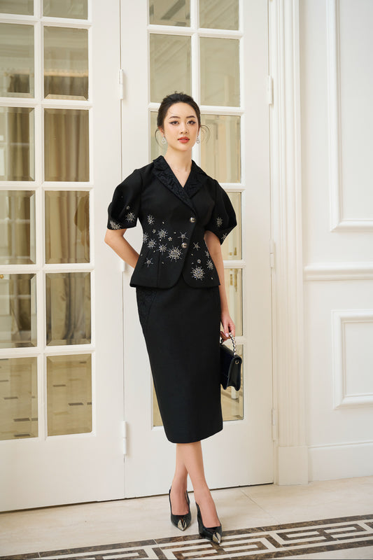 Le SoLeil Gabardine Coat and Dress Set with Embroidered Detailing
