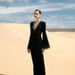 Black Evening Gown with Bell Sleeves and Pearl Detailing