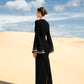 Black Evening Gown with Bell Sleeves and Pearl Detailing