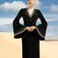Black Evening Gown with Bell Sleeves and Pearl Detailing
